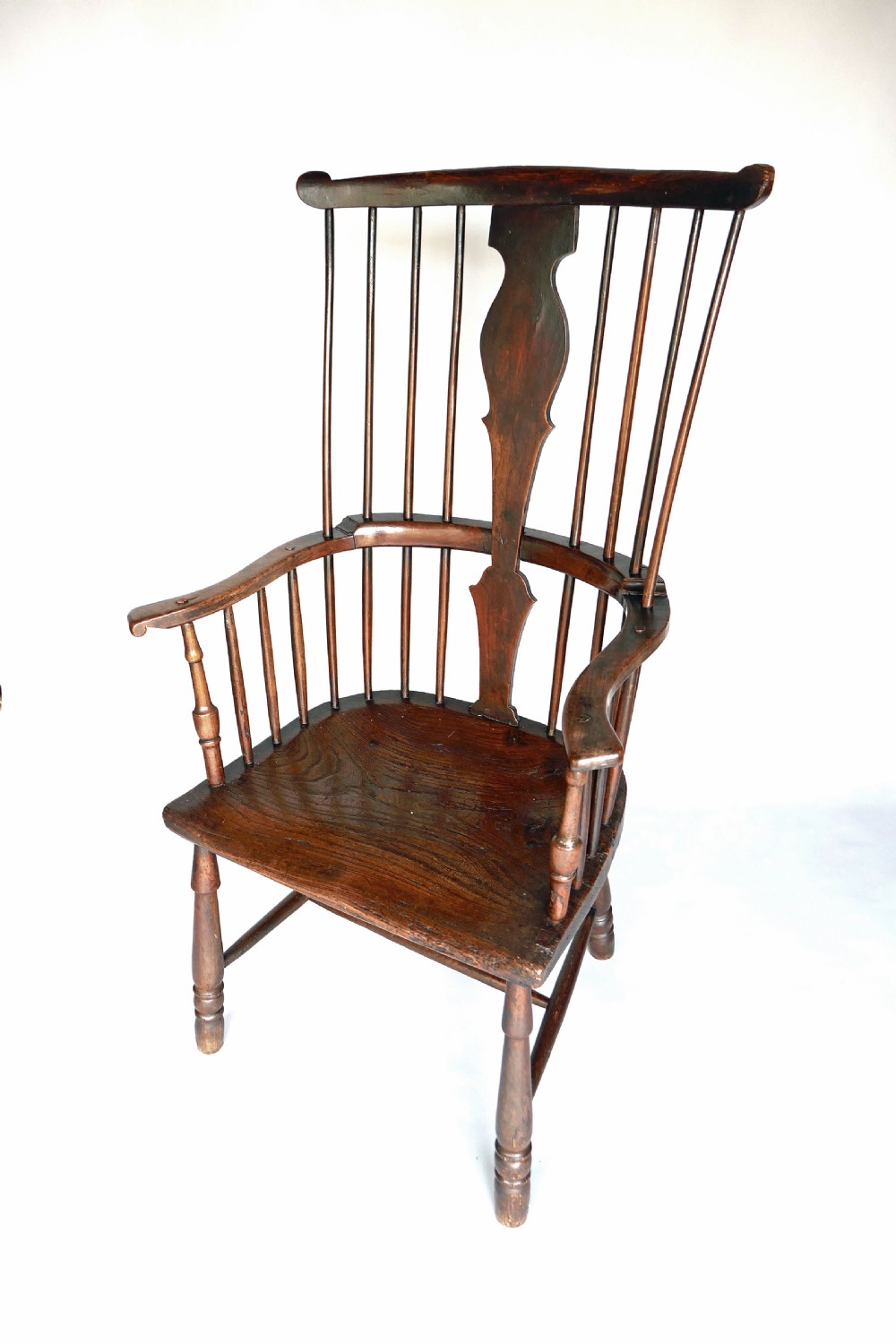 Antique Furniture 18thc Elm & Fruitwood Windsor Comb Back Armchair.   English C1740-60.
