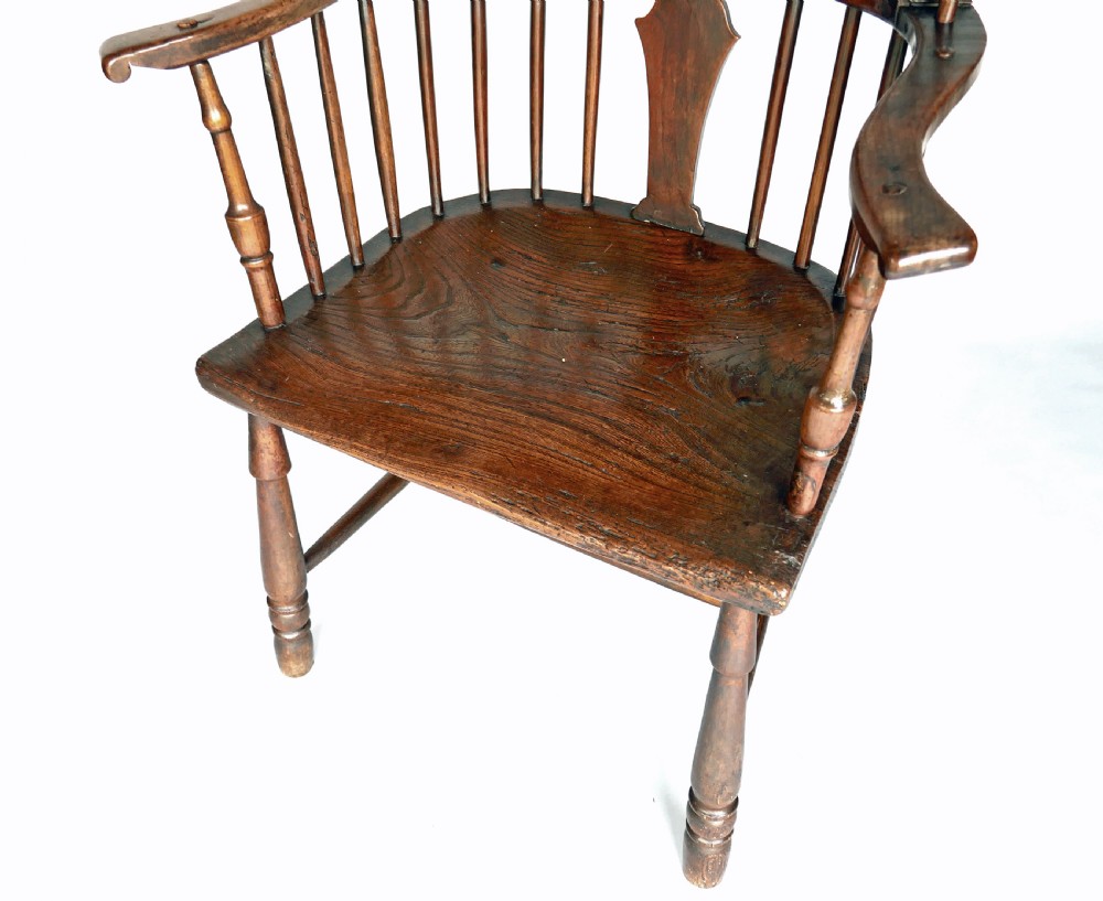Antique Furniture 18thc Elm & Fruitwood Windsor Comb Back Armchair.   English C1740-60. View II