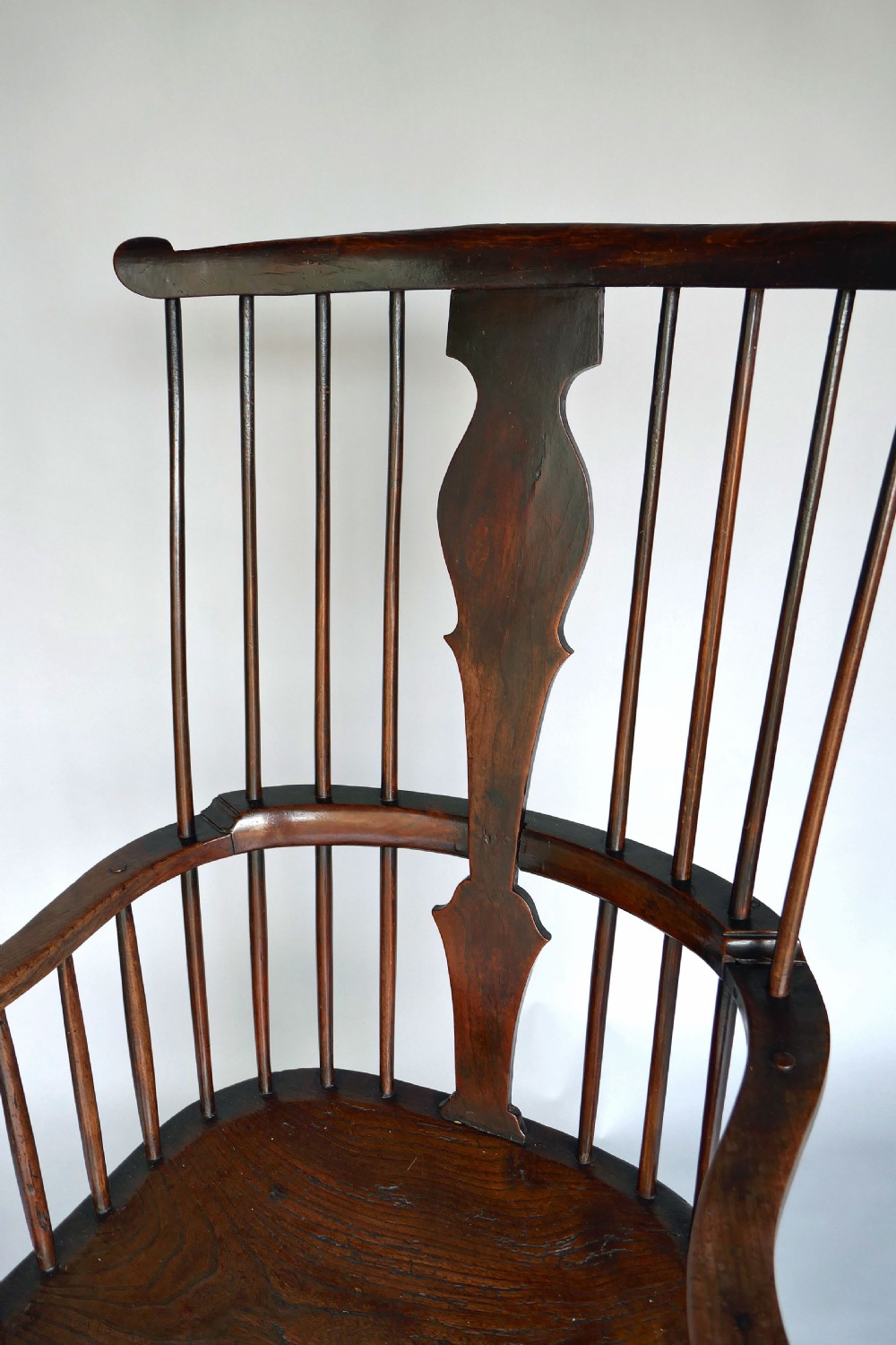 Antique Furniture 18thc Elm & Fruitwood Windsor Comb Back Armchair.   English C1740-60. View III