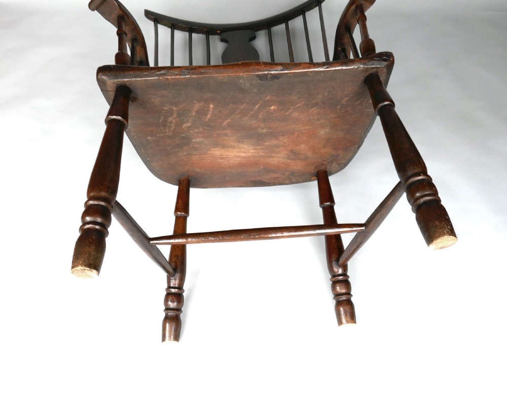 Antique Furniture 18thc Elm & Fruitwood Windsor Comb Back Armchair.   English C1740-60. View VI
