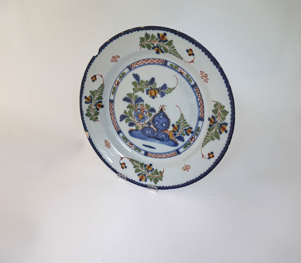 Antique Pottery 18thc Delft Polychrome Charger .   English C1760-70