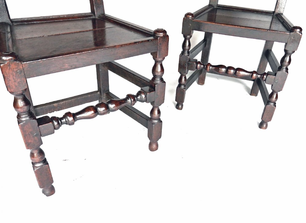 17thc Period Oak Furniture Pair Of Panel Back Chairs.      English C1680-90. View III