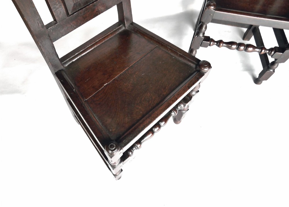 17thc Period Oak Furniture Pair Of Panel Back Chairs.      English C1680-90. View V