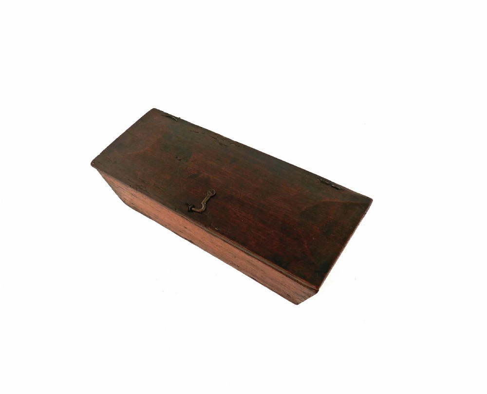 Antique Boxes 17thc Oak Candle box With Wire Hinges And Shaped Latch.    English C1680-C1700. View II