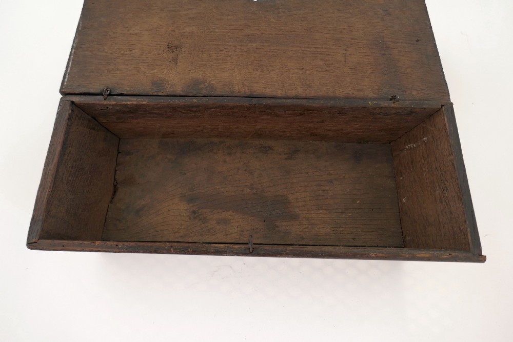 Antique Boxes 17thc Oak Candle box With Wire Hinges And Shaped Latch.    English C1680-C1700. View III