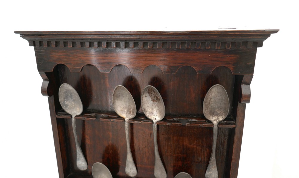 Antique 18thc Oak Spoon Rack  And Candlebox Complete With Pewter Spoons.    English C1760-70. View II