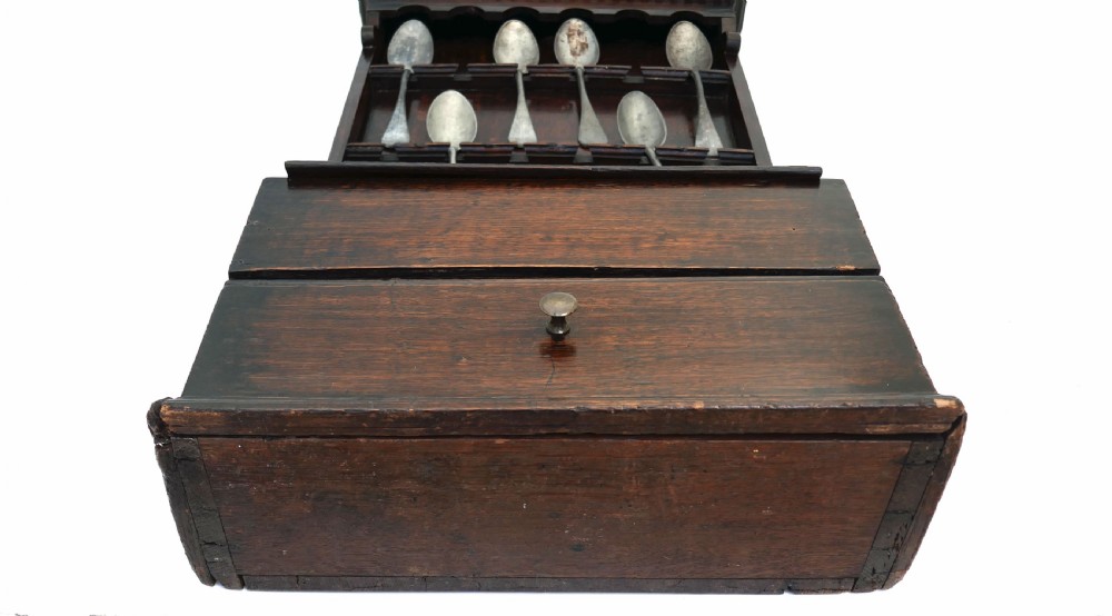 Antique 18thc Oak Spoon Rack  And Candlebox Complete With Pewter Spoons.    English C1760-70. View VI