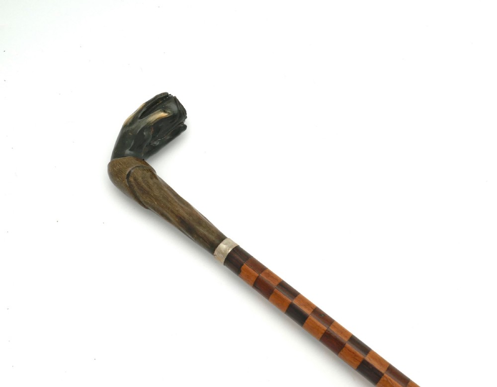 Antique Treen 19thc Gentleman's Ceremonial Swagger Stick With Inlaid Woods.  English C1860-80. View III