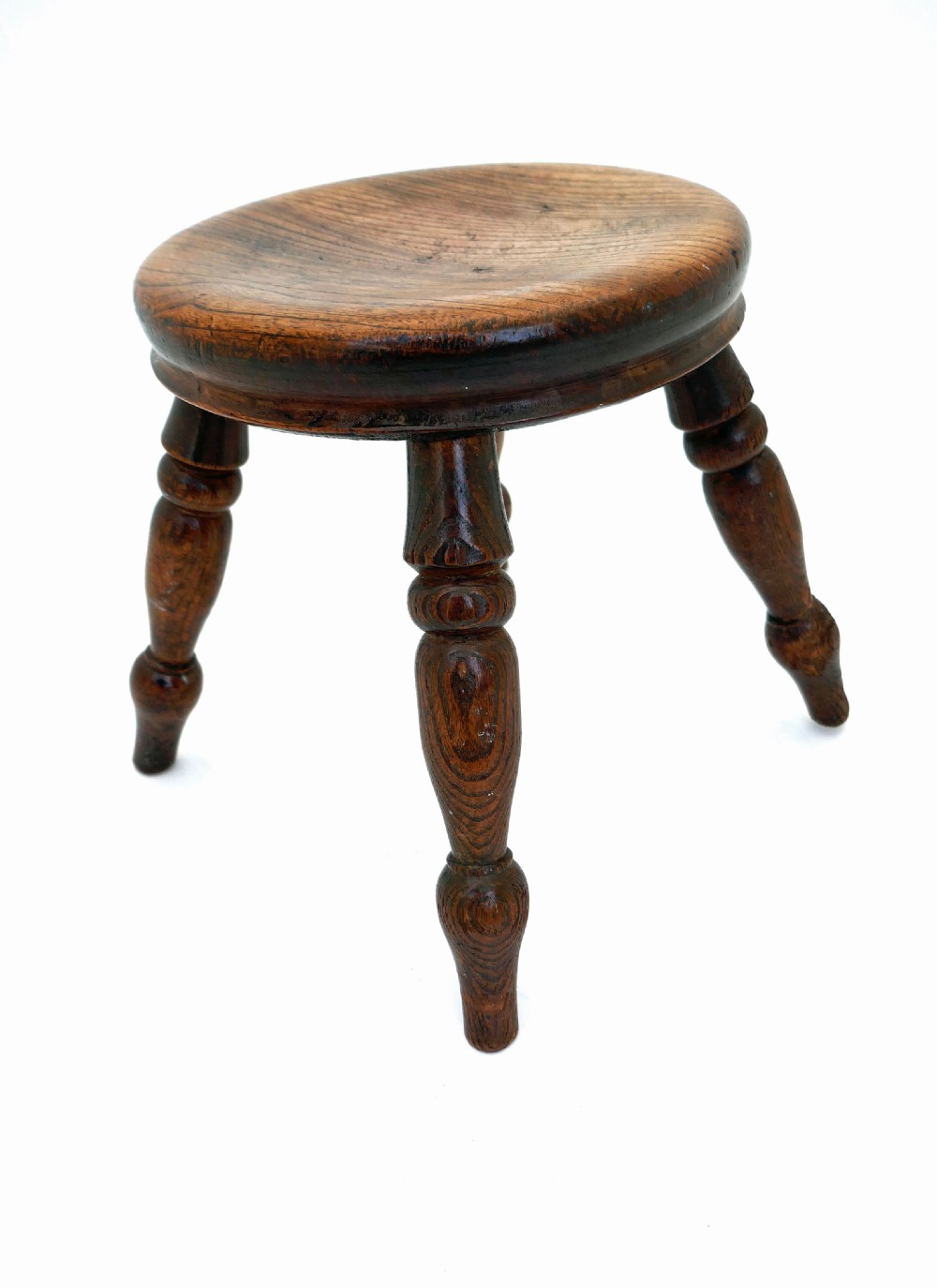 Antique Country Furniture Mid 19thc Elm & Ash Milking Stool.       English C1820-40. View IV