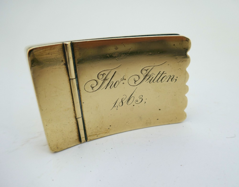 Antique Early Metalware 19thc Brass Shaped Snuff Box Dated 1863.