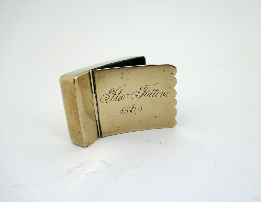 Antique Early Metalware 19thc Brass Shaped Snuff Box Dated 1863. View IV