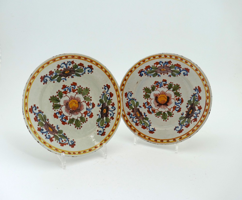 Antique Pottery Pair Of 18thc Polychrome Delftware Plates.   Dutch C1770-90.