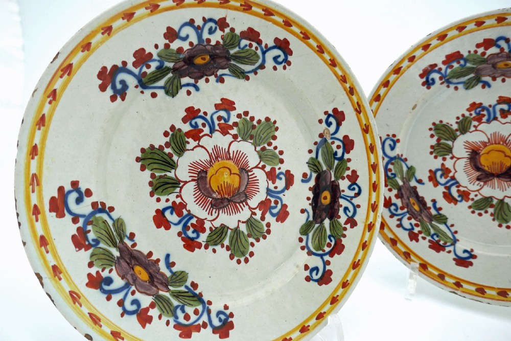 Antique Pottery Pair Of 18thc Polychrome Delftware Plates.   Dutch C1770-90. View II