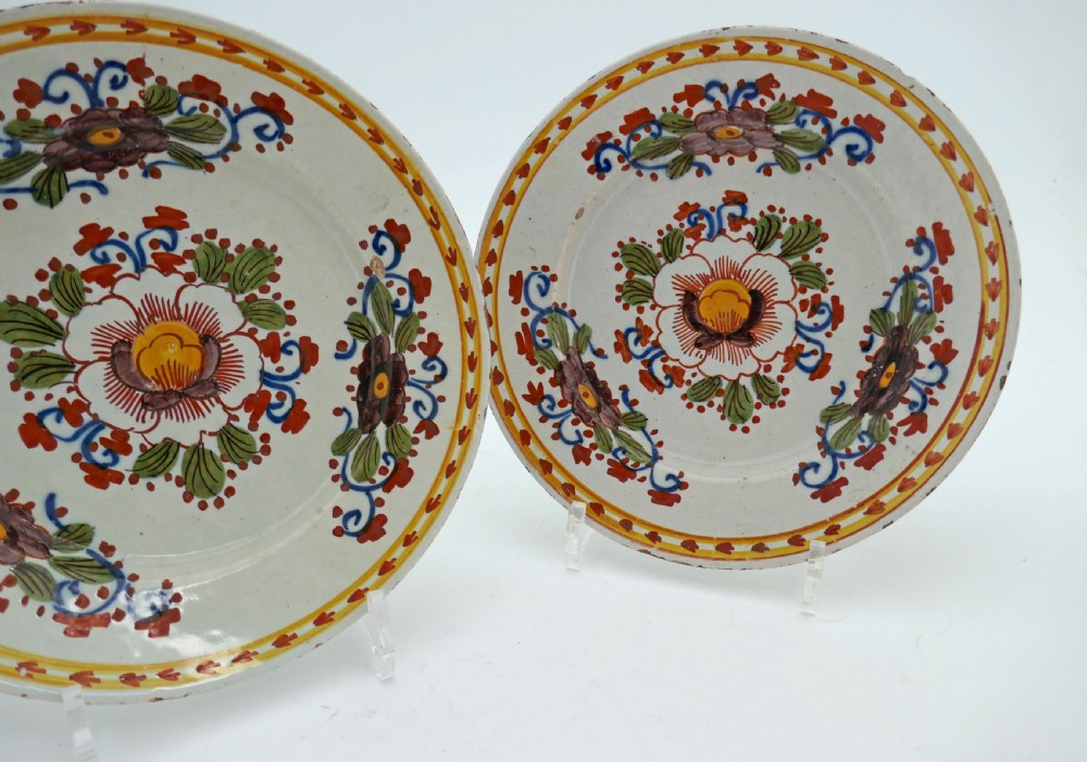 Antique Pottery Pair Of 18thc Polychrome Delftware Plates.   Dutch C1770-90. View III