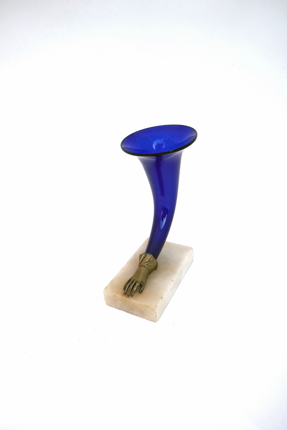 Antique 19thc Cornucopia Vase With Brass Hand Mounted On Marble Base.  English C1860-80.