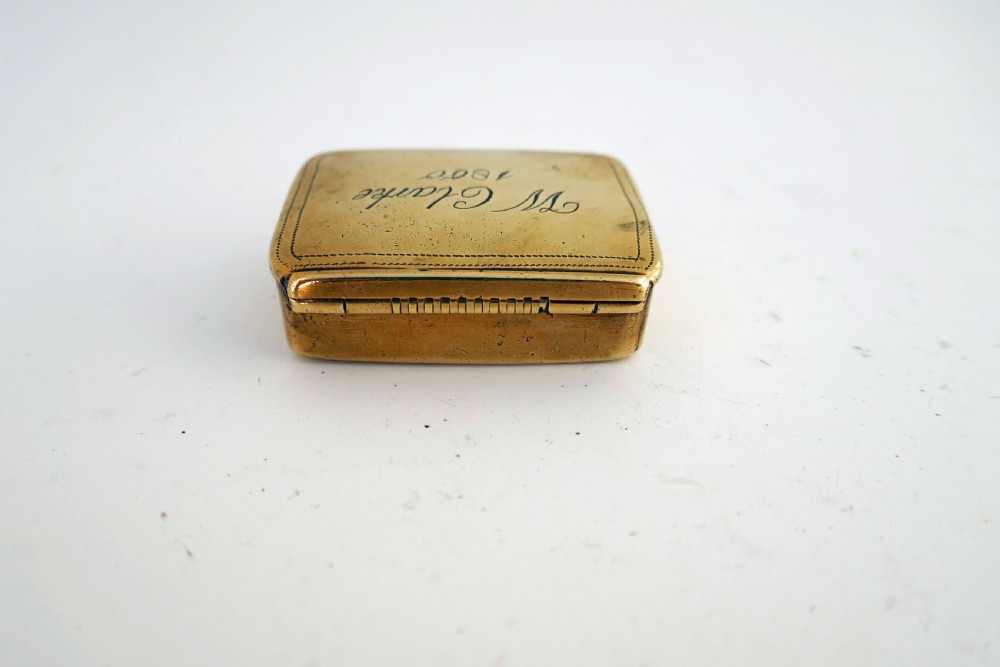 Antique Brass 19thc Snuff Box With Owners Name W Clarke - Dated 1800. View III