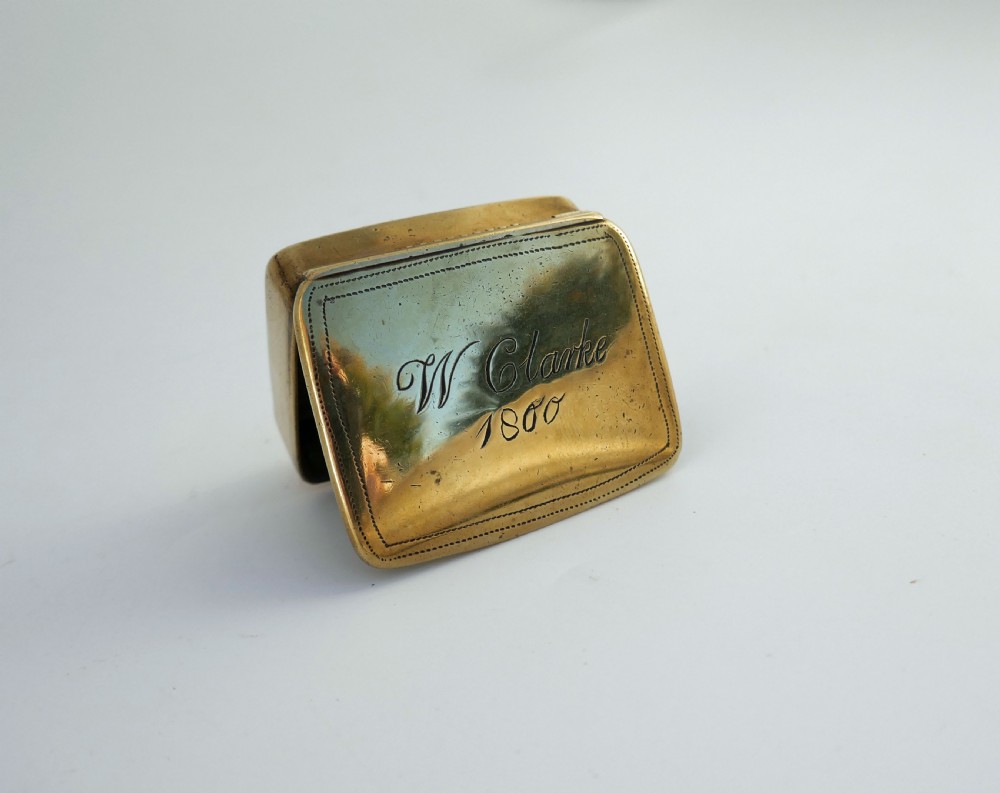 Antique Brass 19thc Snuff Box With Owners Name W Clarke - Dated 1800. View V