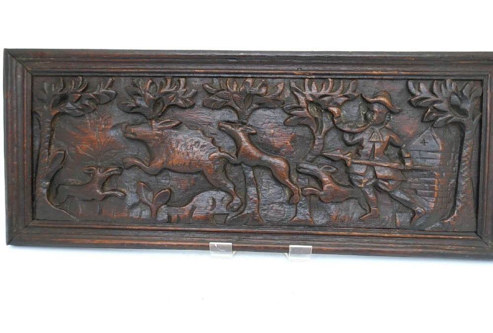 Antique 17thc Oak Carving Of A Stag Hunting Scene.   Flemish C1660-80.