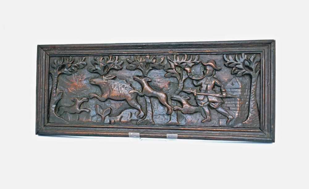 Antique 17thc Oak Carving Of A Stag Hunting Scene.   Flemish C1660-80. View II