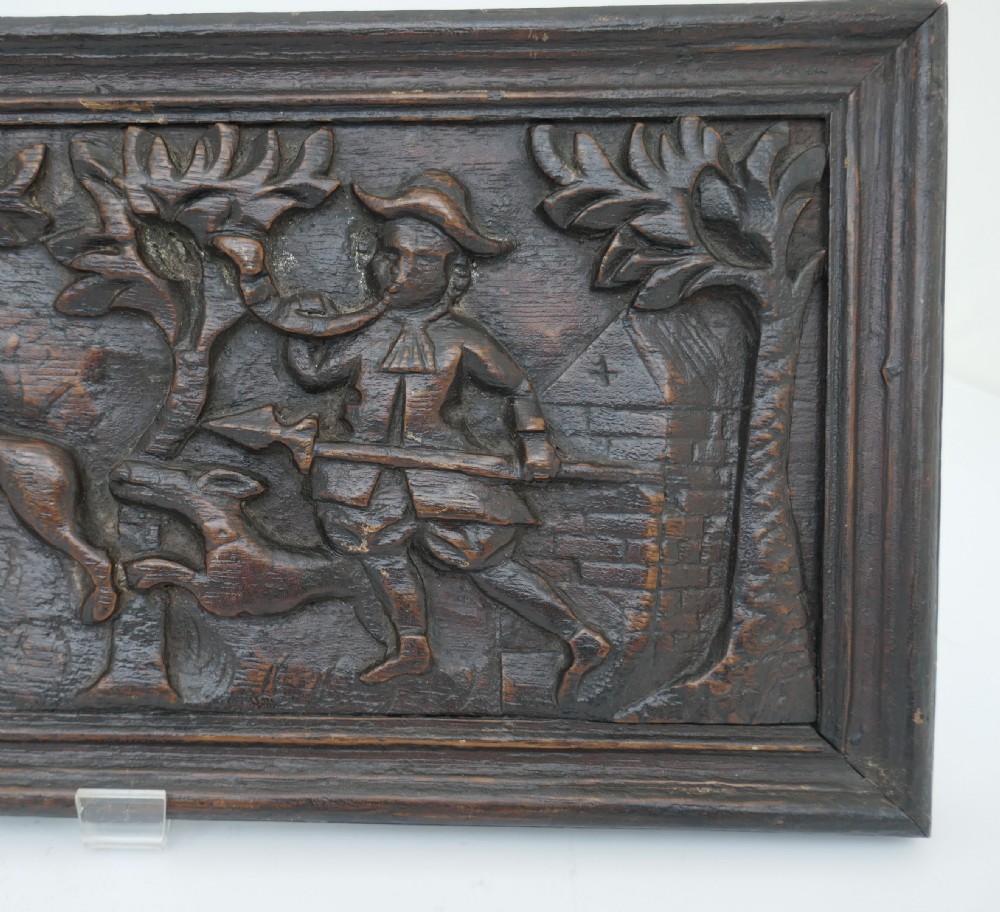 Antique 17thc Oak Carving Of A Stag Hunting Scene.   Flemish C1660-80. View III