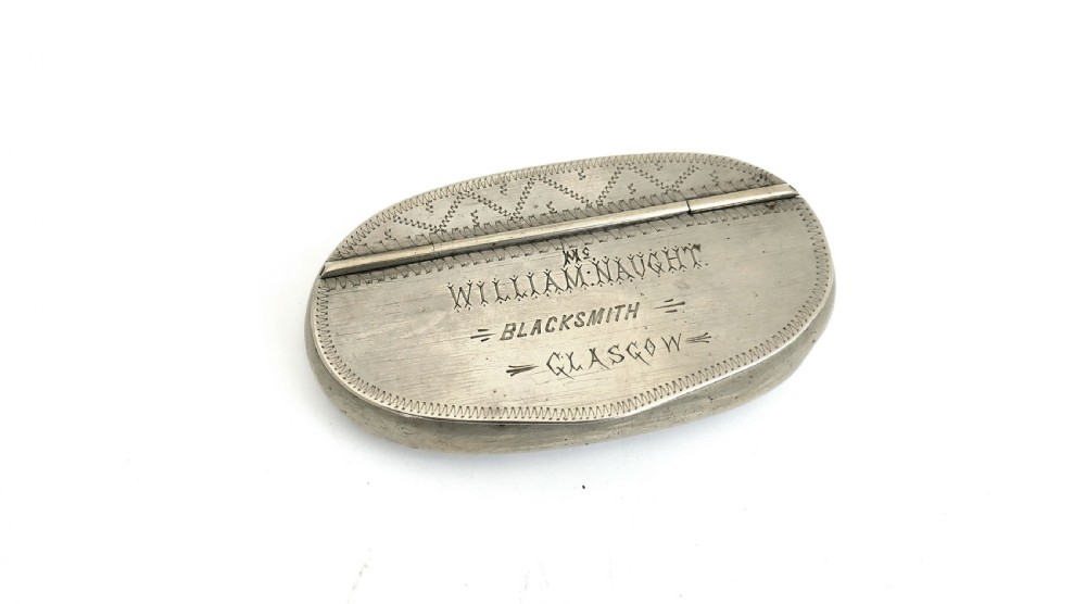 Antique Metalware 19thc White Metal Snuff Box William McNaught.  Scottish C1860-90.