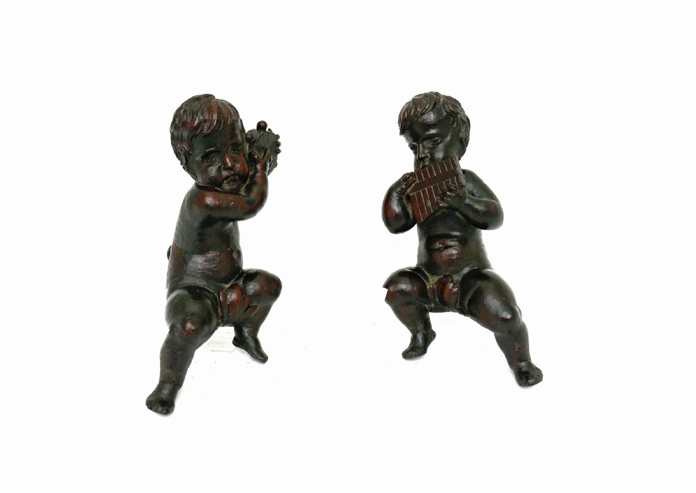 Antique Carvings 18thc Walnut Cherubs Playing Musical Instruments.    Flemish C1720-40.