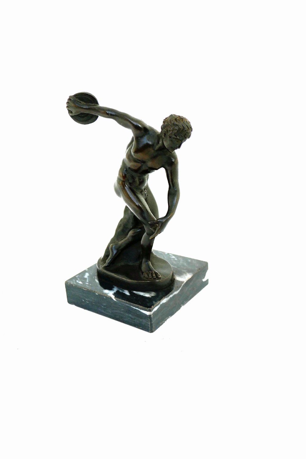 Antique Metalware 19thc Bronze Discus Thrower On Marble Stand.  Italian C1880-90. 