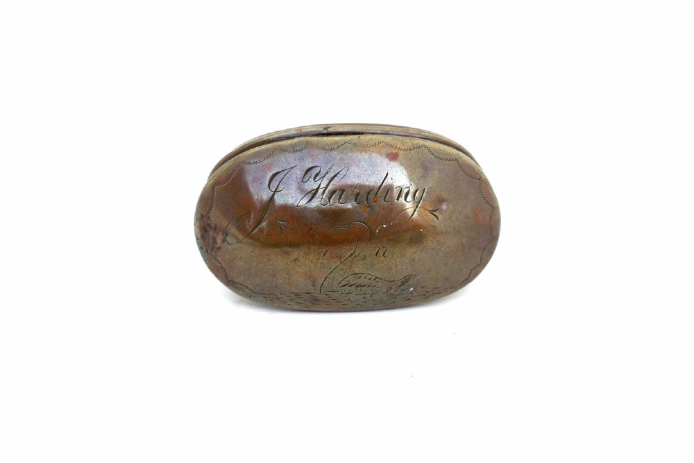 Antique Early Metalware 18thc Copper Snuff Box - Engraved With A Swan And Owners Name J. Harding.   English C1770-80.
