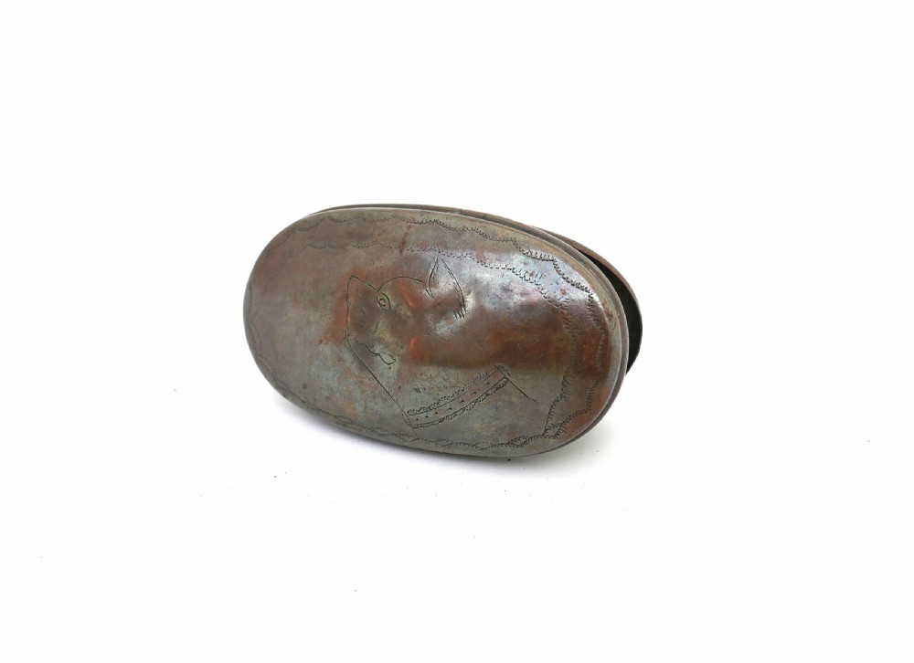 Antique Early Metalware 18thc Copper Snuff Box - Engraved With A Swan And Owners Name J. Harding.   English C1770-80. View III