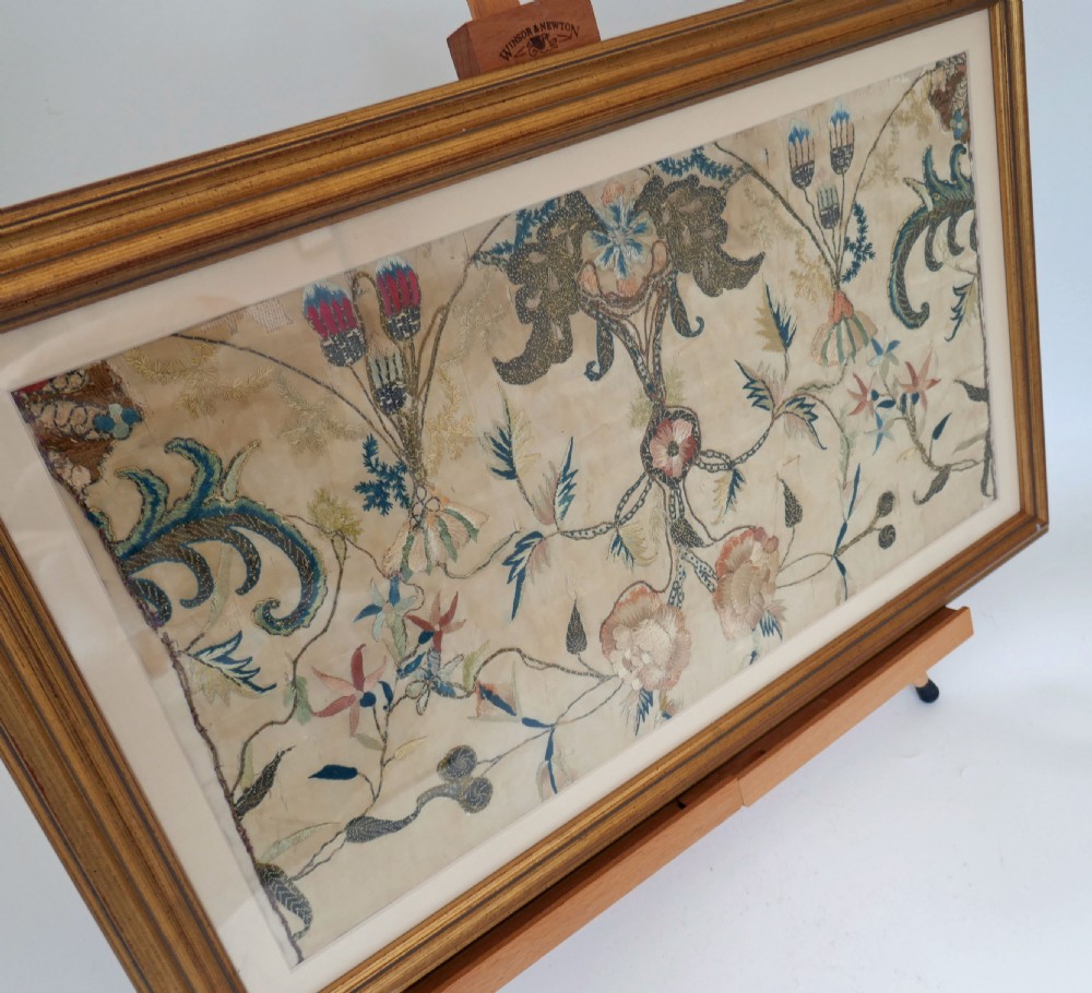 Antique 18thc Needlework & Brass Wirework On Silk .  Continental C1720-40.