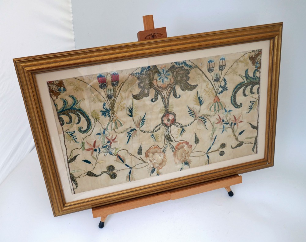 Antique 18thc Needlework & Brass Wirework On Silk .  Continental C1720-40. View II