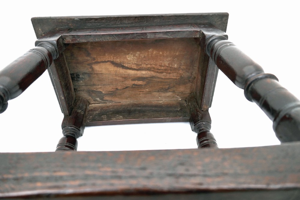 Early Antique Oak Furniture 17thc Joyned Stool .  English C1660-80. View V