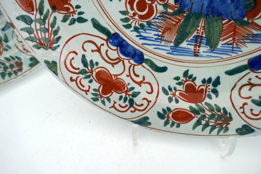 Antique Pottery 18thc Pair Of Polychrome Delftware Chargers.  Dutch C1750-70 View III