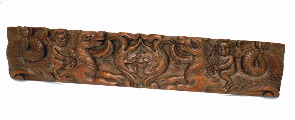 Antique Early Carvings 17thc Oak Cherubs & Hippocampus. Flemish C1660-80.