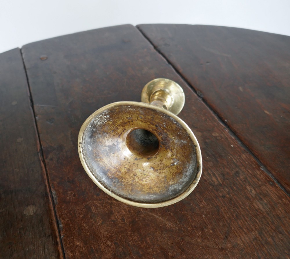 Antique Brass Single Mid 17thc Commonwealth Ribbed Trumpet Candlestick.  English C1645-C1655 View II