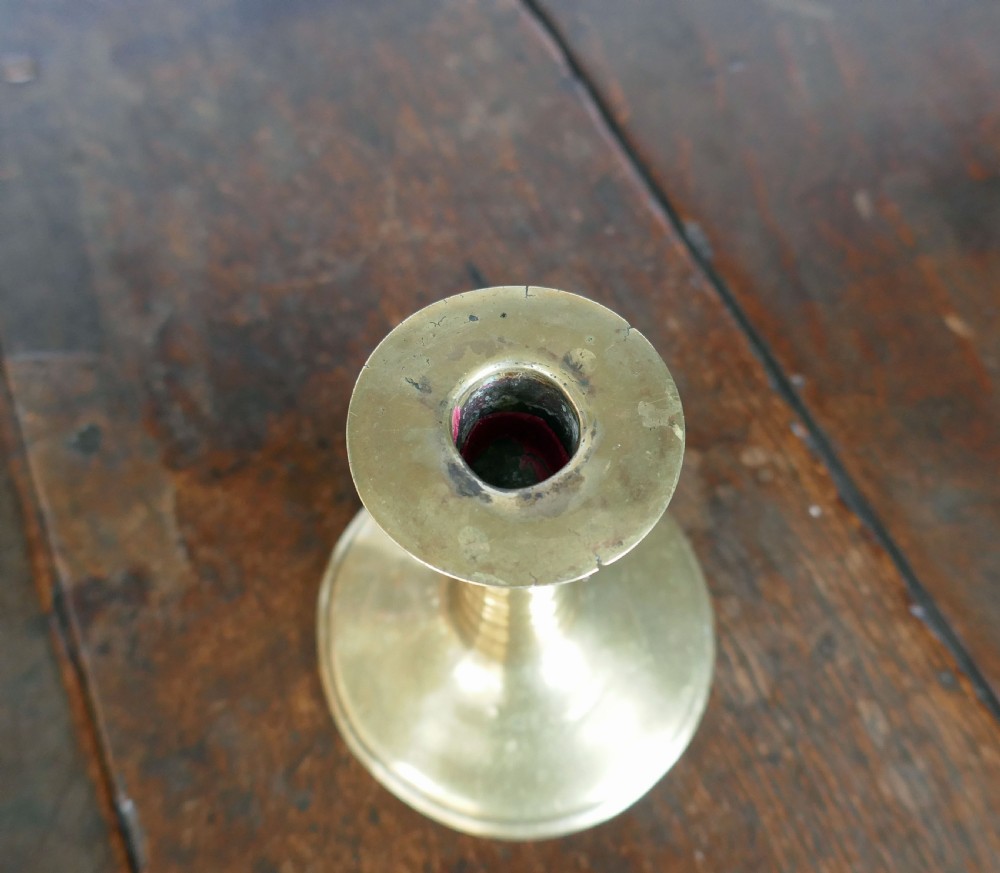 Antique Brass Single Mid 17thc Commonwealth Ribbed Trumpet Candlestick.  English C1645-C1655 View III