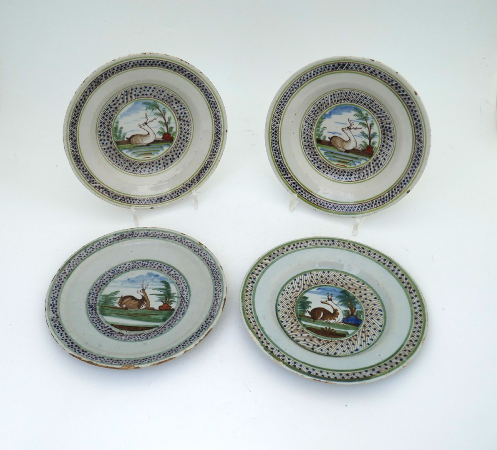 Antique Early Pottery Four 18thc Dutch Polychrome Delft Plates.  C1760-80.