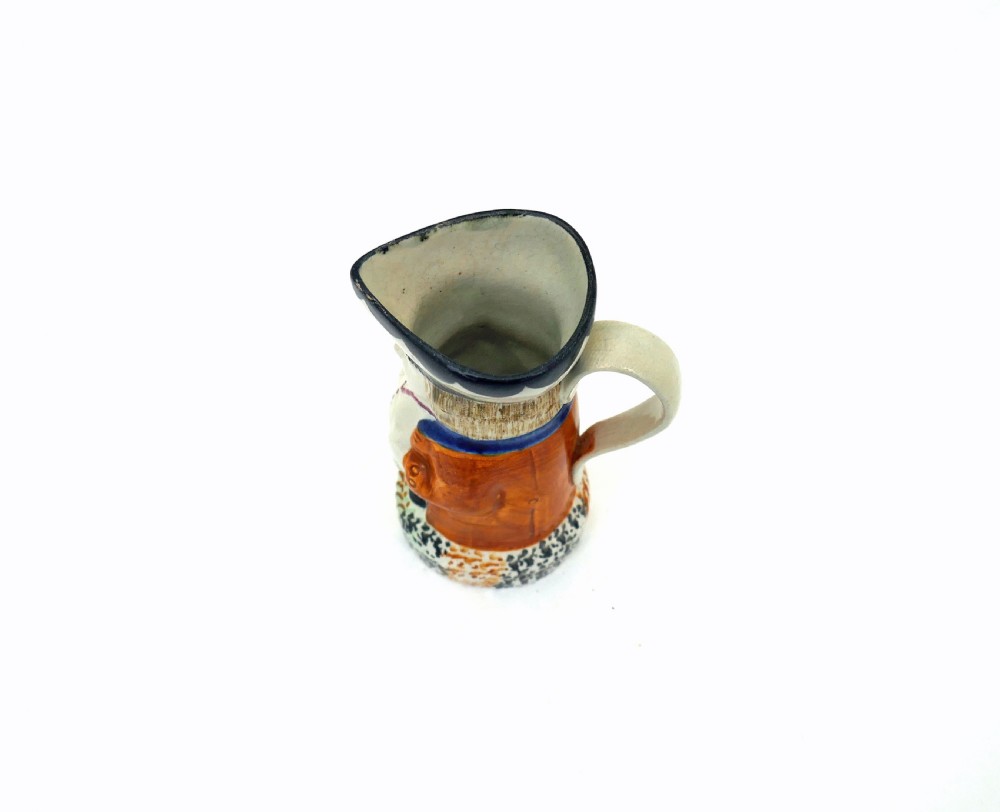 Early 19thc Pottery Prattware Pearlware Small Toby Jug.   Yorkshire  C1800-20. View V