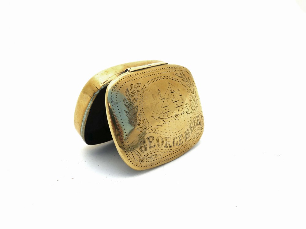 Antique Metalware 19thc Brass Sailor's Snuff Box With Ship Engraving.   English. C1860-80. View II