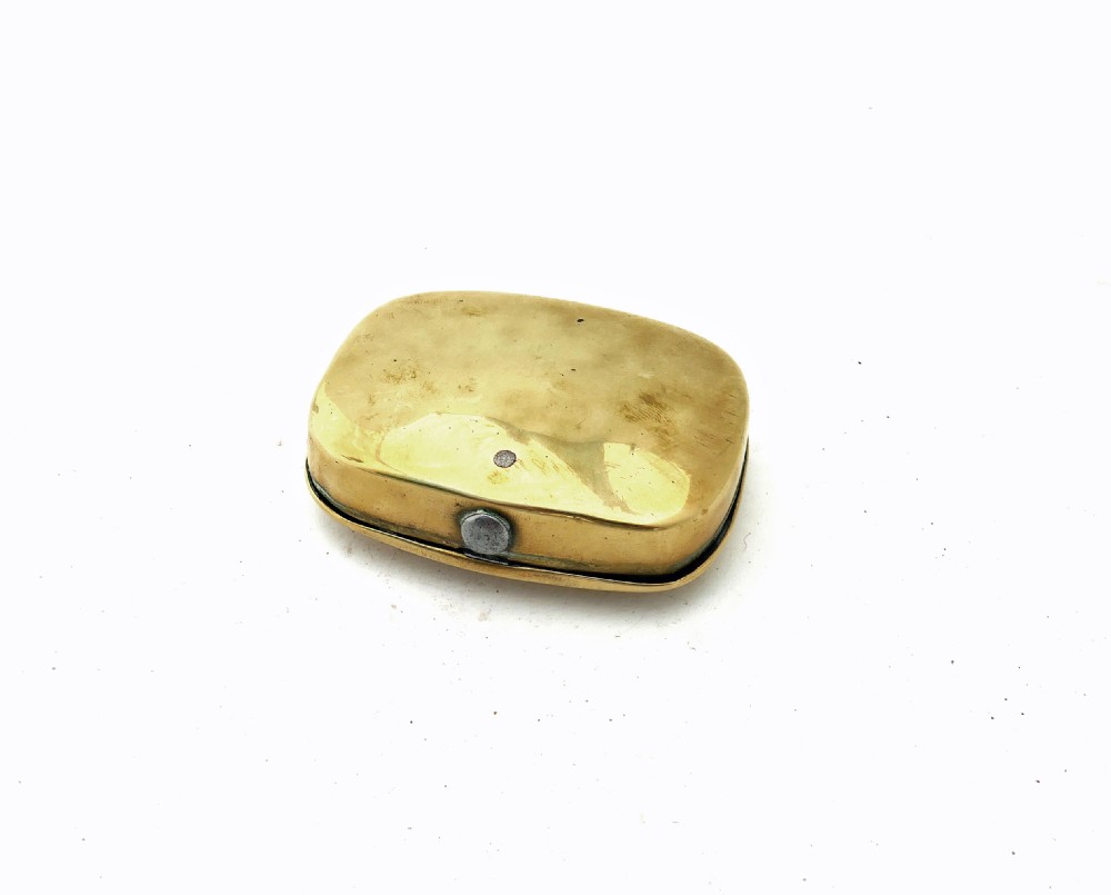 Antique Metalware 19thc Brass Sailor's Snuff Box With Ship Engraving.   English. C1860-80. View III