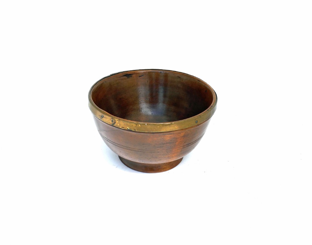 Antique Treen 18thc Fruitwood Dairy Bowl With Brass Rim.    English C1780-90.
