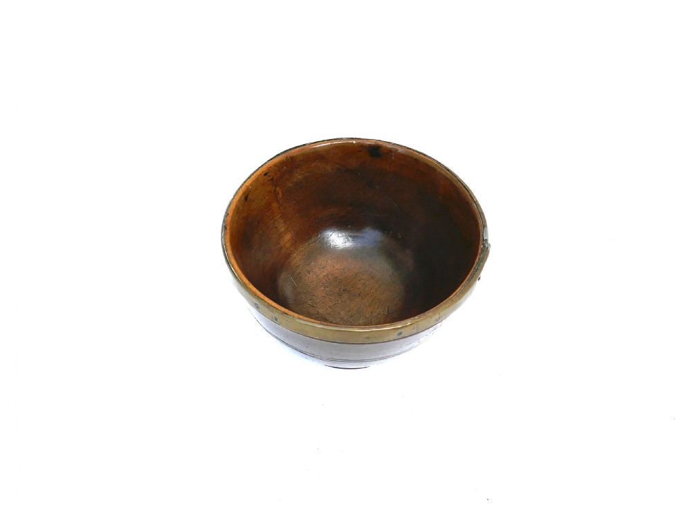 Antique Treen 18thc Fruitwood Dairy Bowl With Brass Rim.    English C1780-90. View II