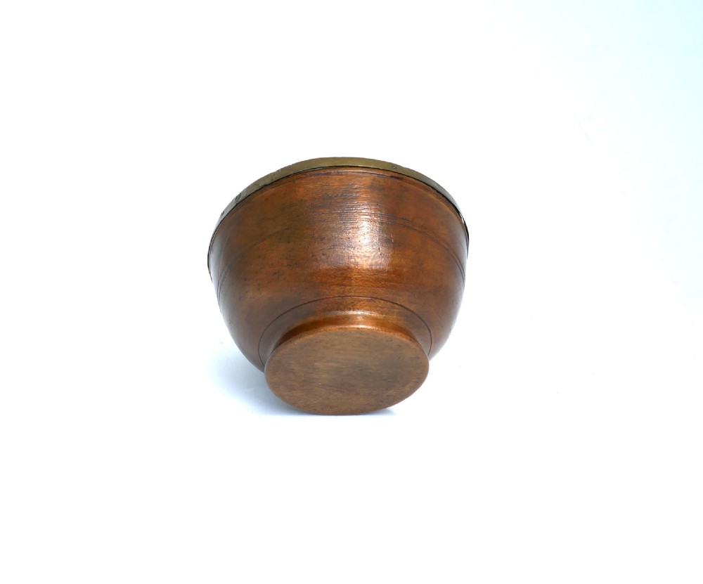 Antique Treen 18thc Fruitwood Dairy Bowl With Brass Rim.    English C1780-90. View III