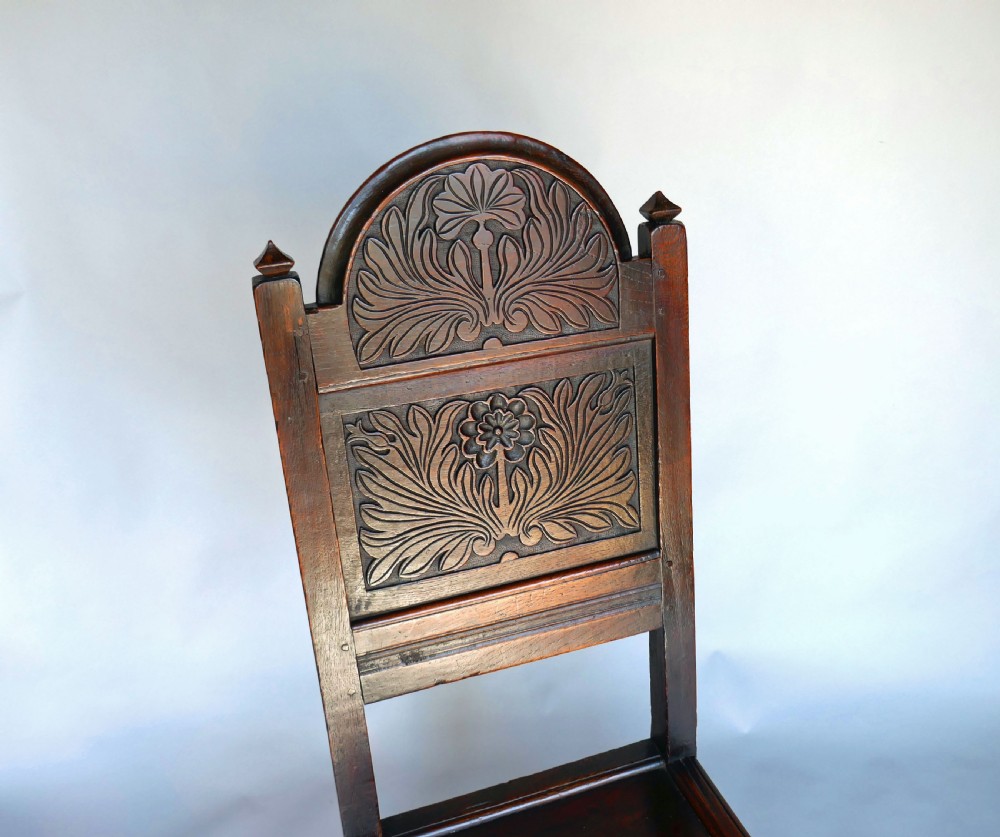 17thc Period Oak Furniture Single Chair With Well Carved Arched Cresting Rail.   Lancashire - Circa 1685 View II