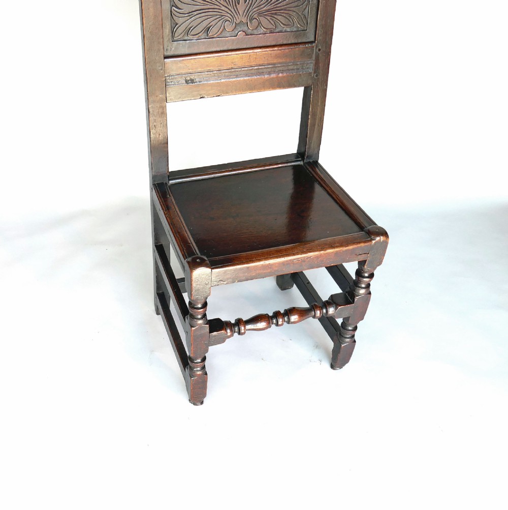17thc Period Oak Furniture Single Chair With Well Carved Arched Cresting Rail.   Lancashire - Circa 1685 View III