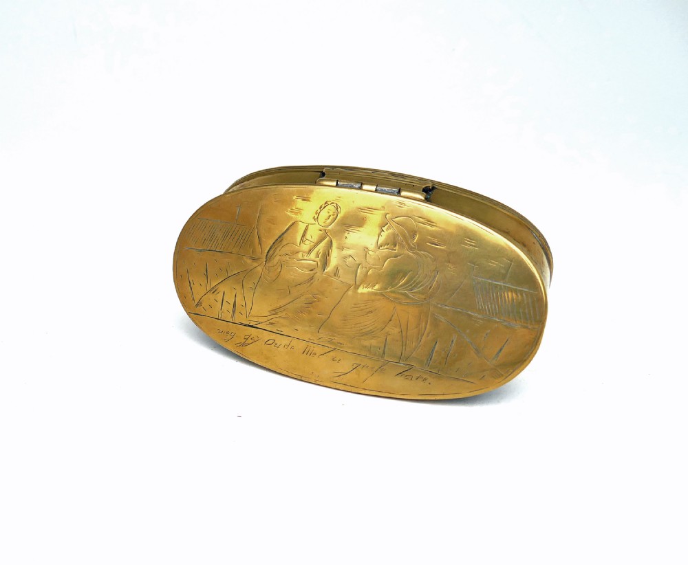 Antique Metalware 18thc Brass Engraved Tobacco Box .  Dutch C1770-90.
