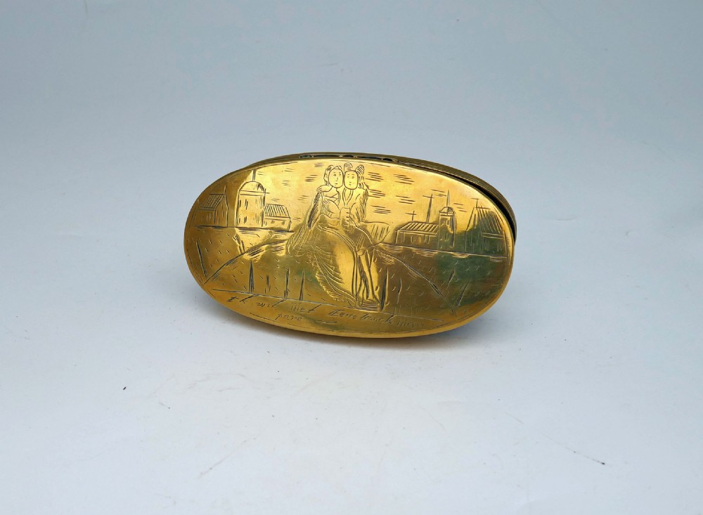 Antique Metalware 18thc Brass Engraved Tobacco Box .  Dutch C1770-90. View II