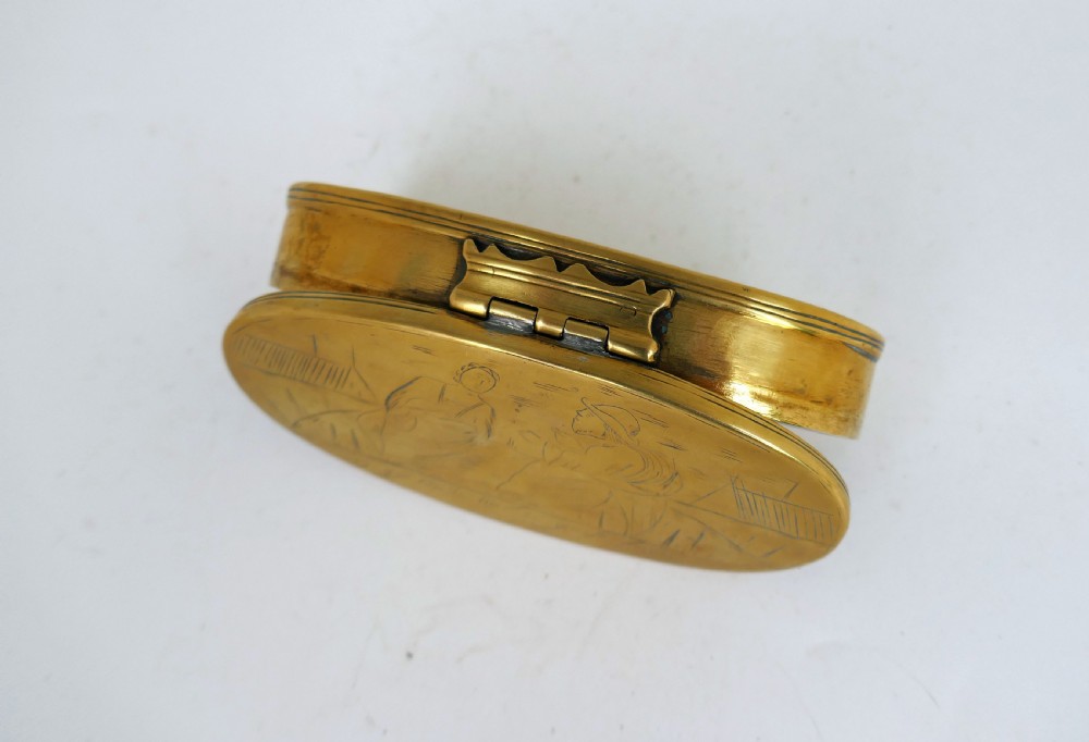 Antique Metalware 18thc Brass Engraved Tobacco Box .  Dutch C1770-90. View IV