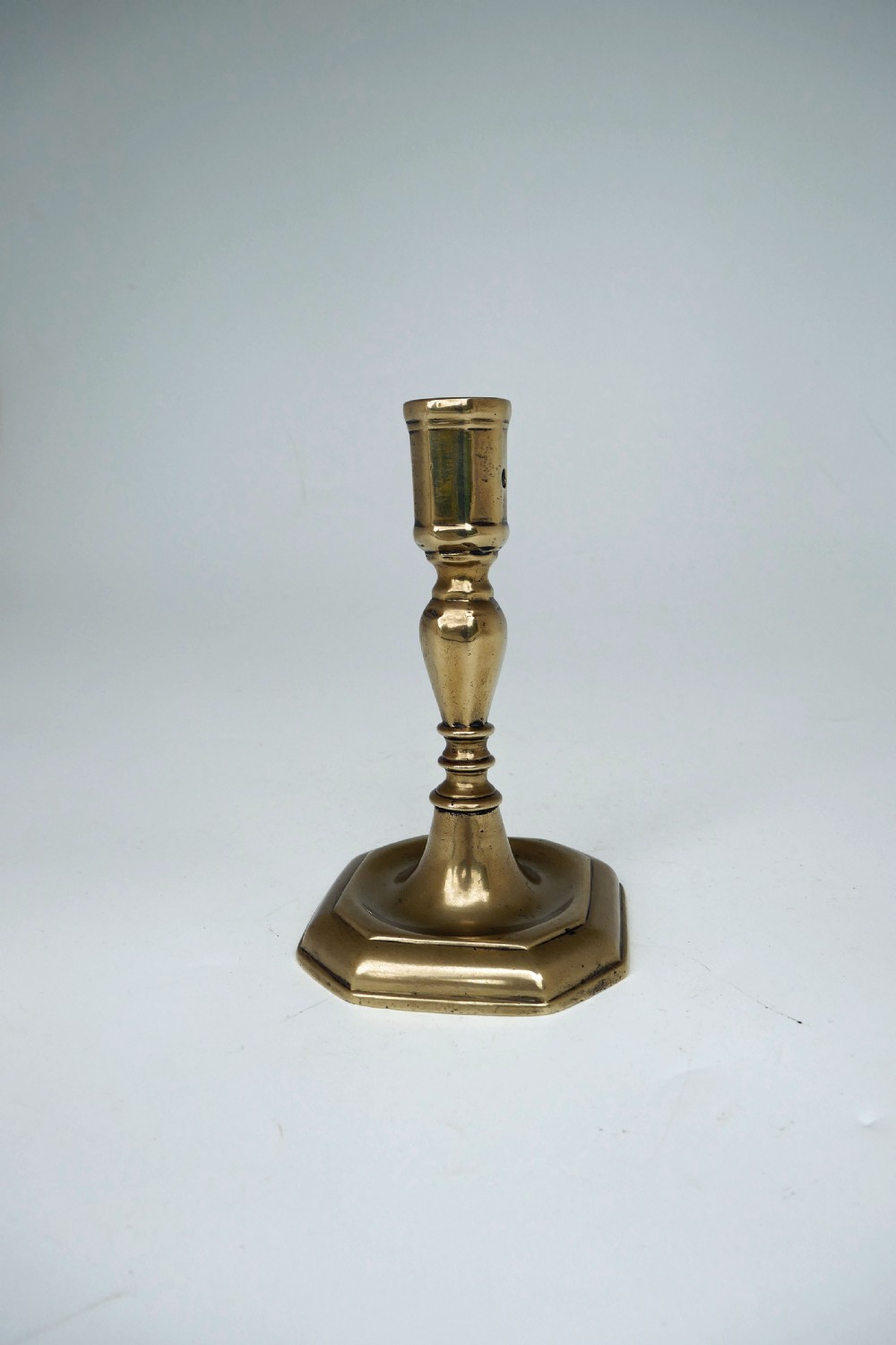 Antique Early Metalware 18thc Brass Single Octagonal Base Candlestick.   French C1715-20. View IV