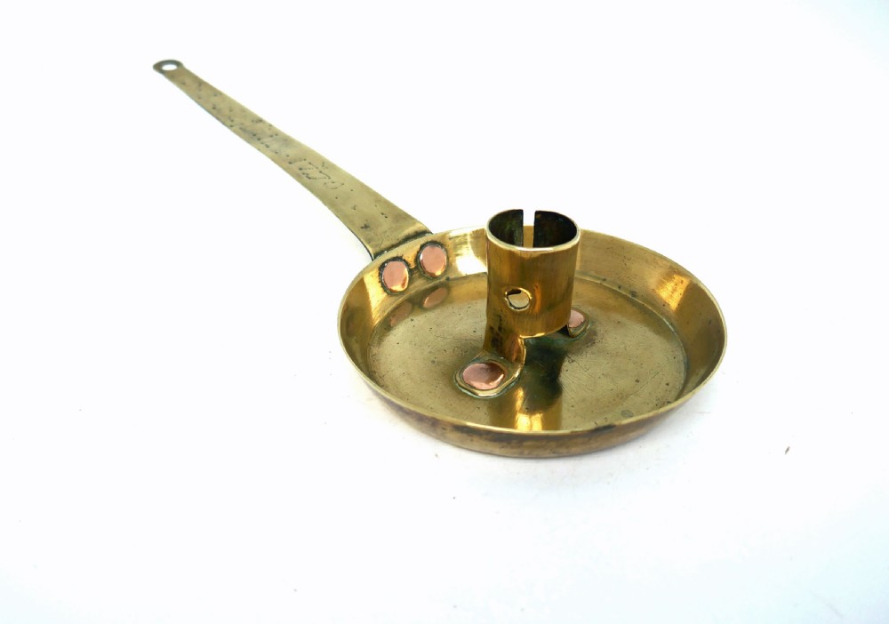 Antique Early Metalware 18thc Brass Chamberstick Dated 1770.   French. View II